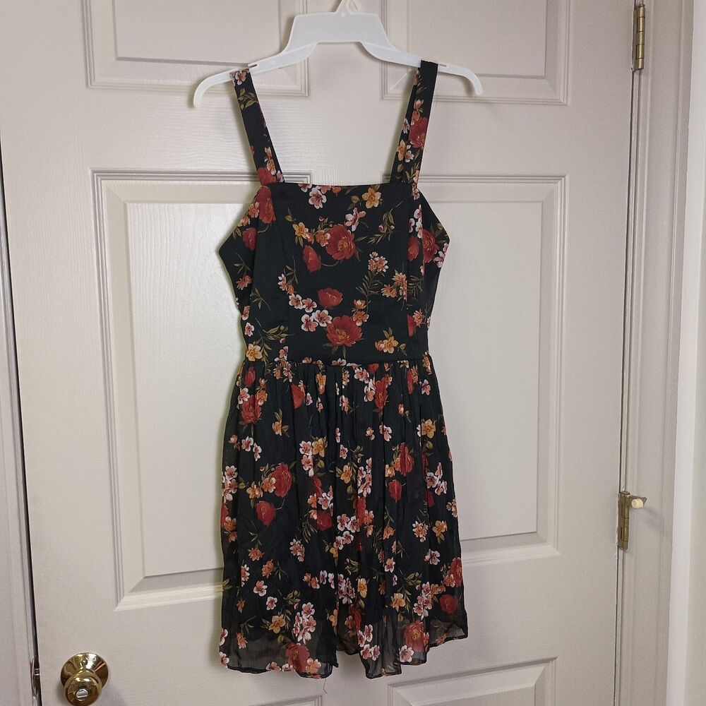 Xhilaration Womens Mini Dress Sz Small Black Floral Ruched Adjustable Strap Y2K